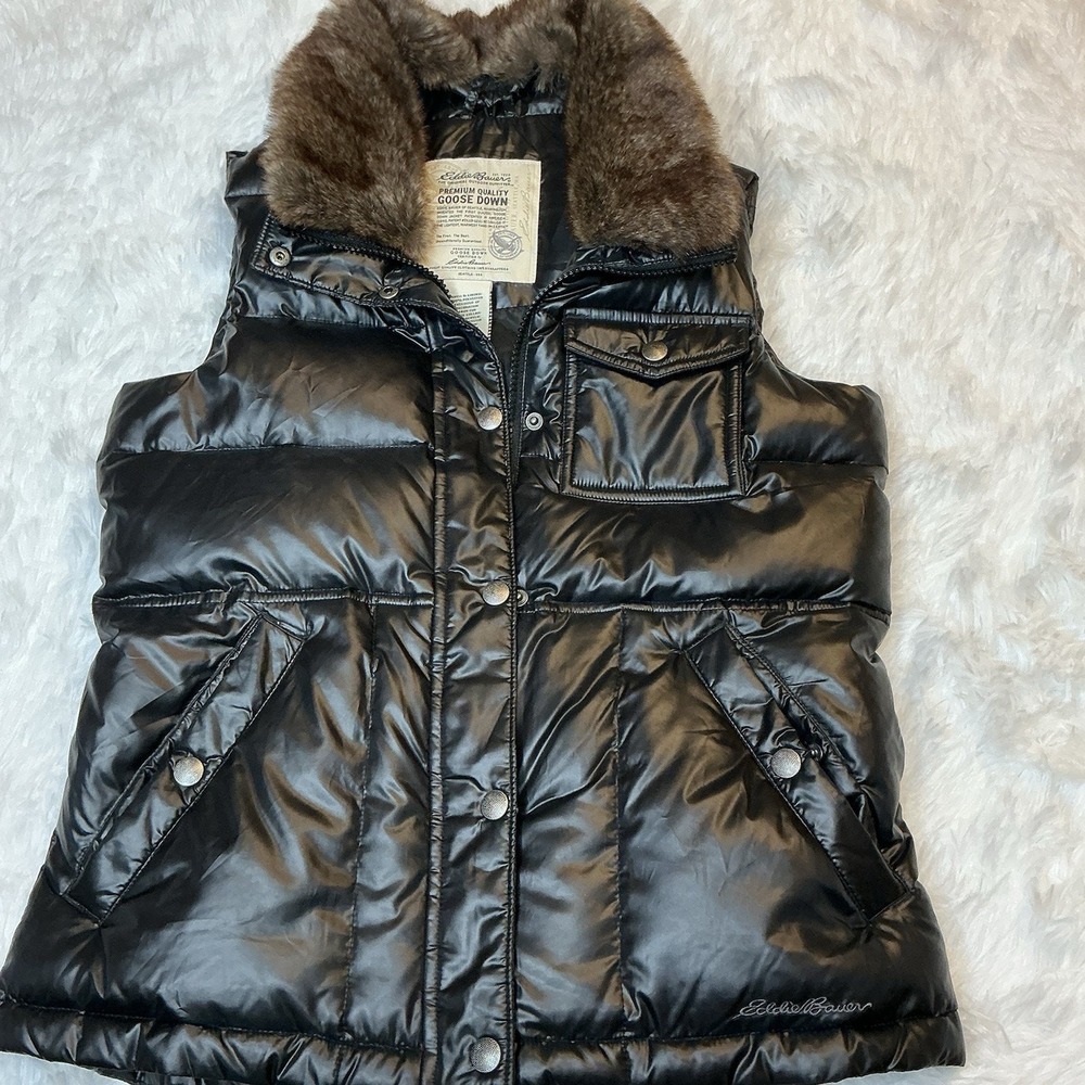 Eddie Bauer Goose Down Faux Fur Womens Xs Black Full Zipper/snap Button Vest